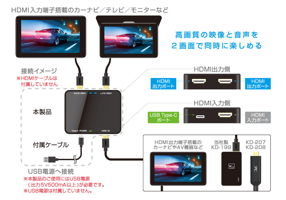 カシムラ　HDMI分配器　1入力2出力　モニターの増設などに！　KD-211